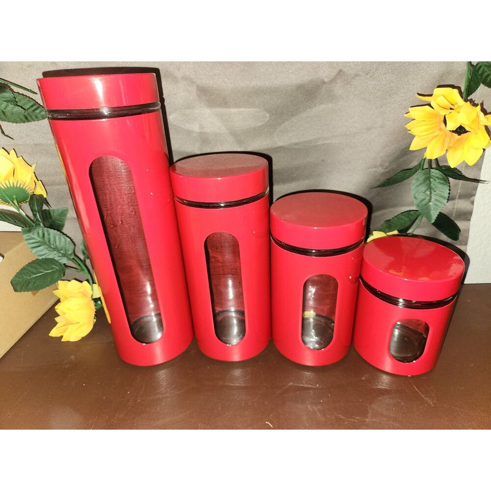 Anchor Hocking Palladian Cherry Red Glass Canister Set of 4 Cylinder Jars with W